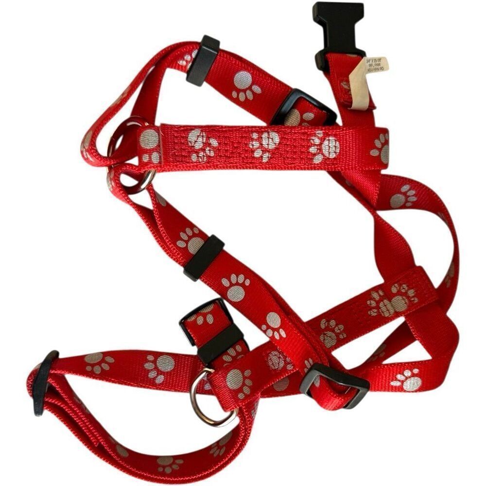 Choke Free Comfort Unisex Red Dog Pet Lead Paw Print Harness 3/4" X 20-28" S-M